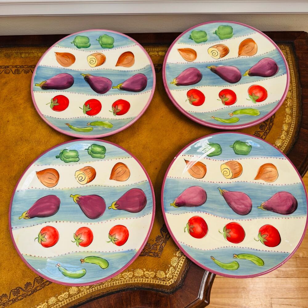 Dansk Ratatouille 9" Salad Lunch Handpainted Plates Set of 4 Eggplant Pepper